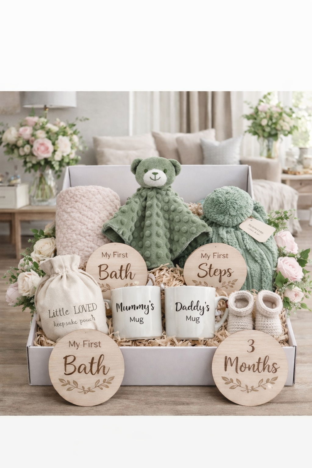 Neutral bear newborn gift box with baby blanket, knitted hat and booties, milestone discs, keepsake pouch and Mummy Daddy mugs