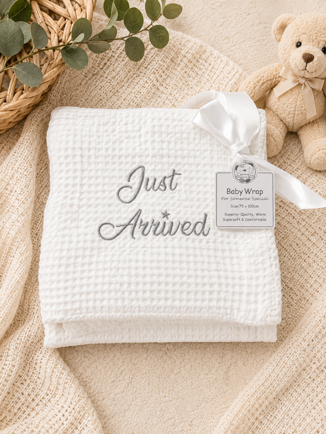 White “Just Arrived” Baby Wrap – 75 x 100cm