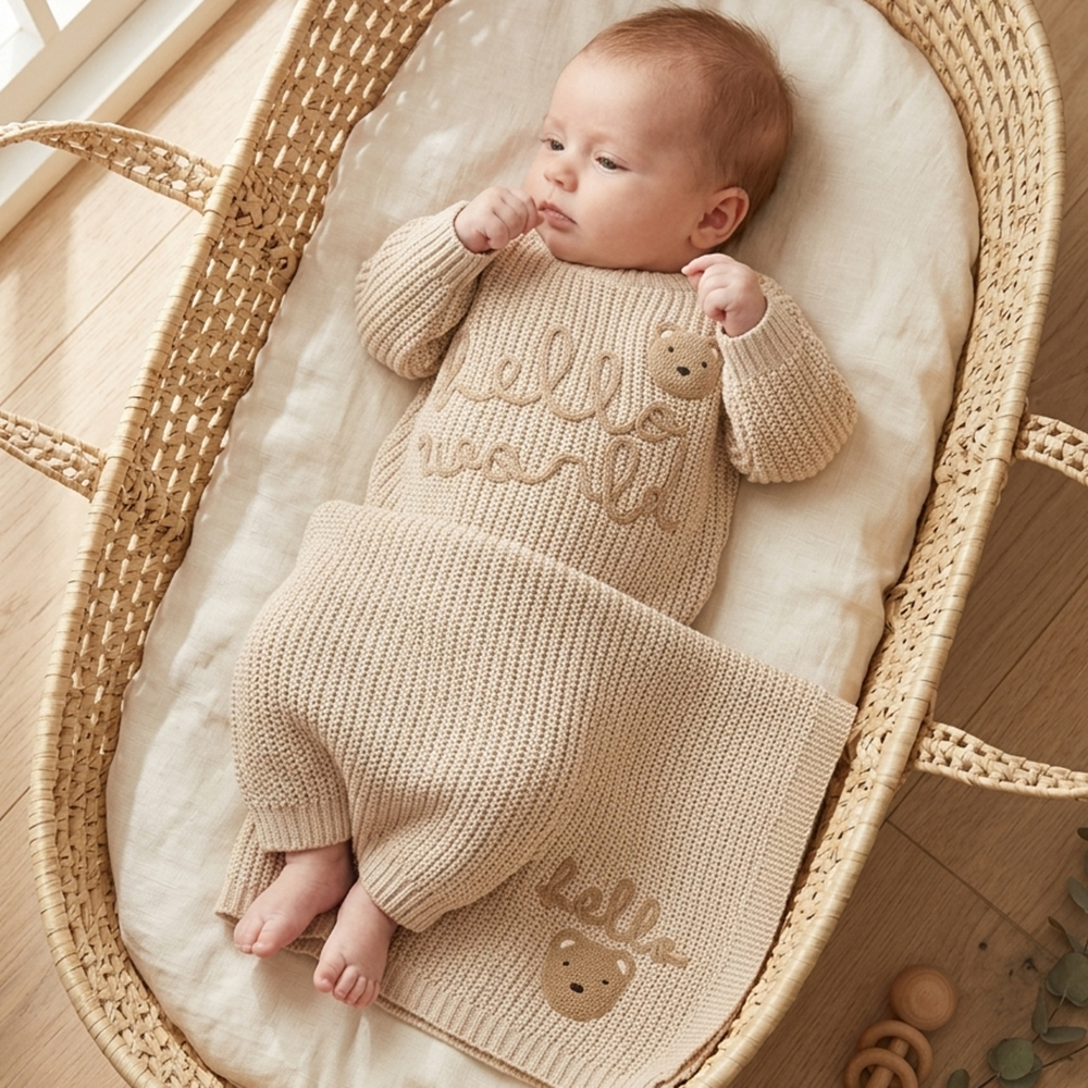 Personalised Baby Knitted Jumper & blanket Set – Hello World Teddy Bear – Newborn Baby Gift