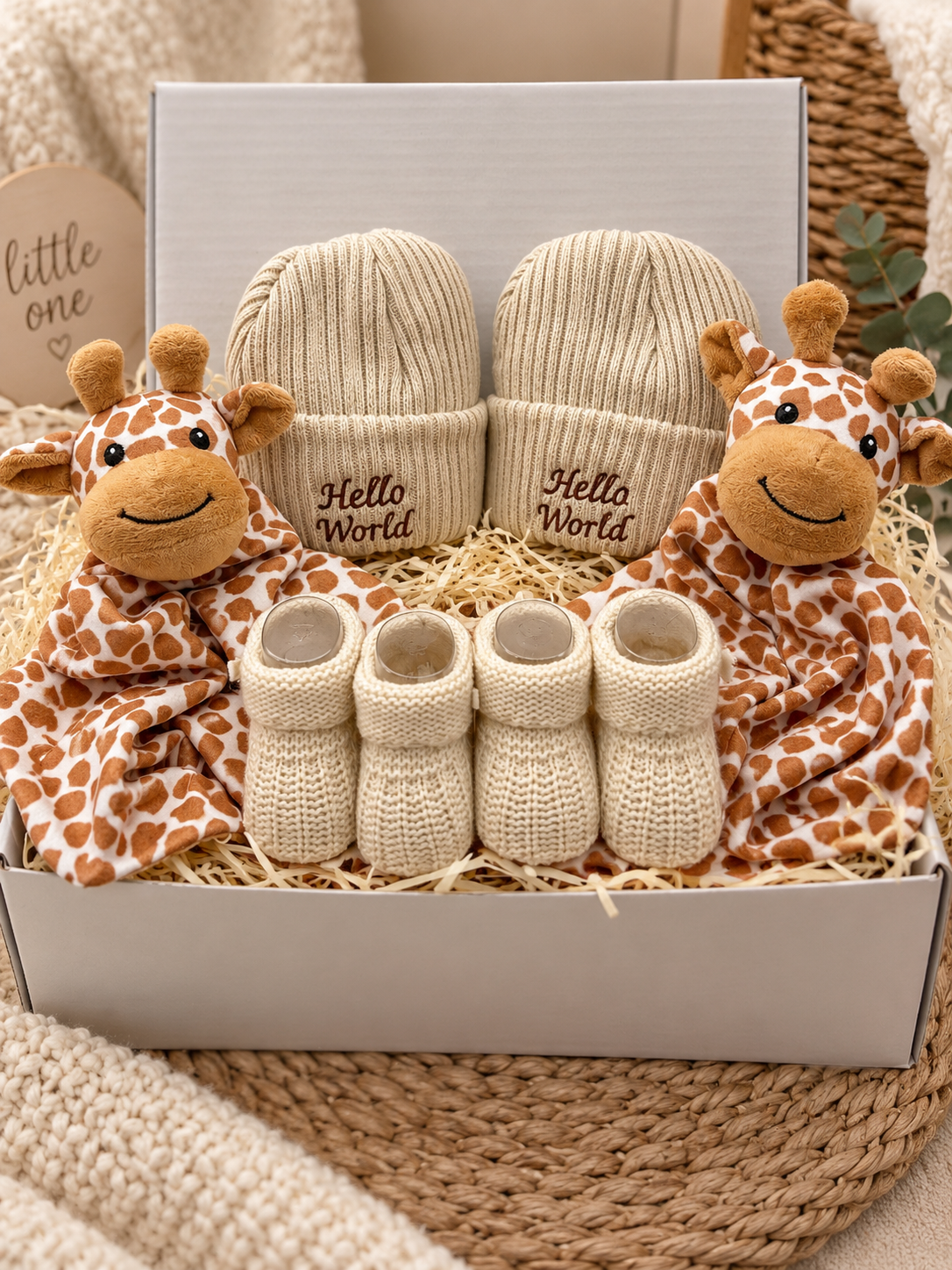 New Baby Twin Gift Box – Giraffe Comforters, Knitted Hats, Baby Booties & Hello World Gift S