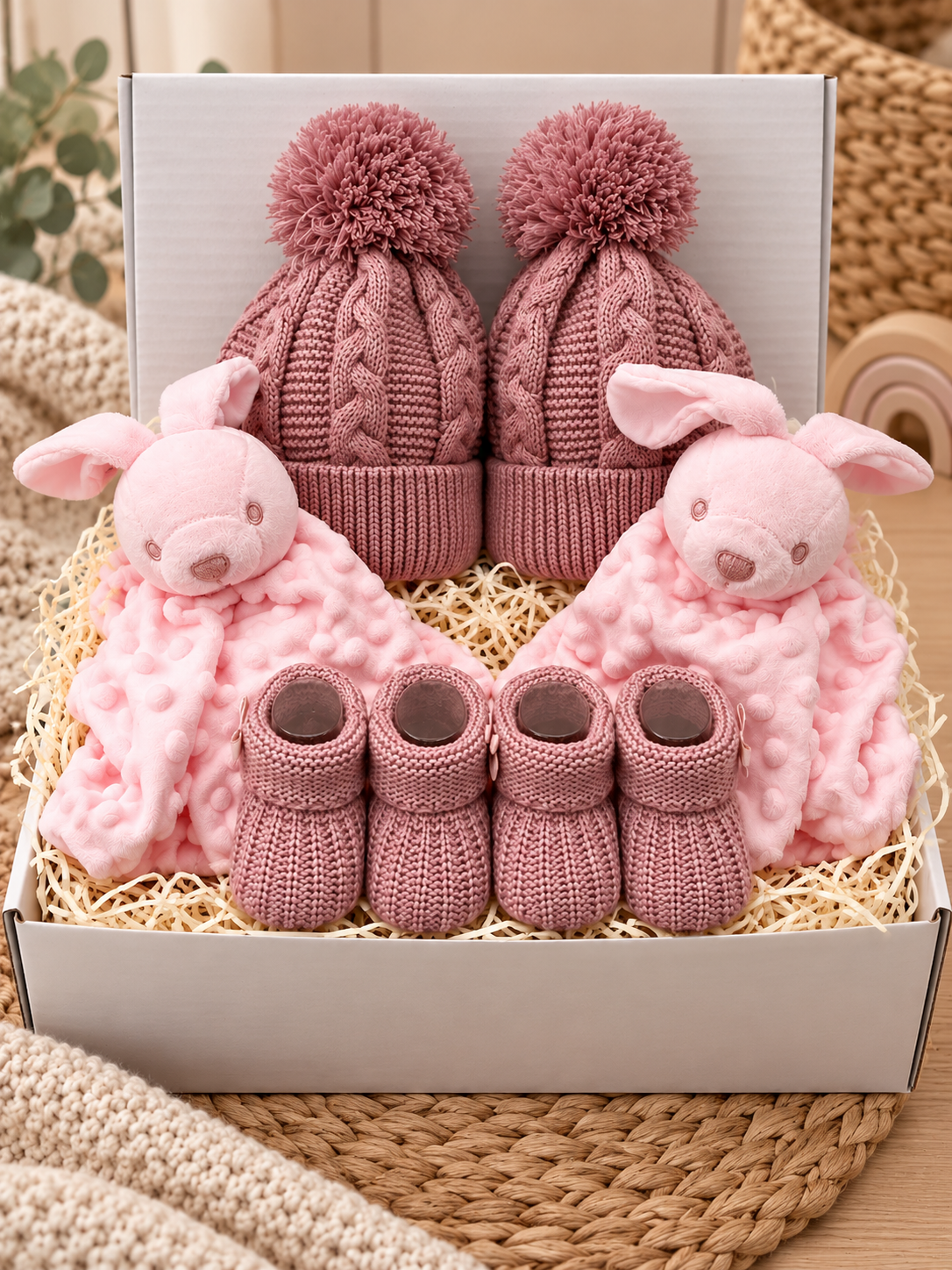 Pink Twin Baby Gift Box – 2 Bunny Comforters, Matching Knitted Hats & Baby Booties