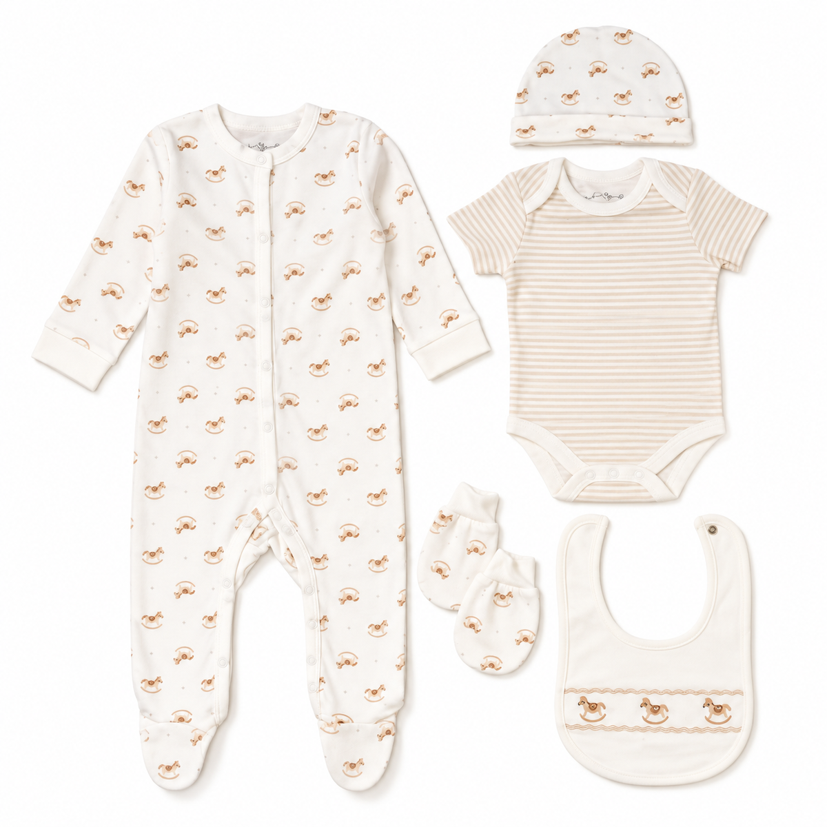 Newborn Baby Sleepsuit & Bib Set – Neutral Rocking Horse Baby Gift Set