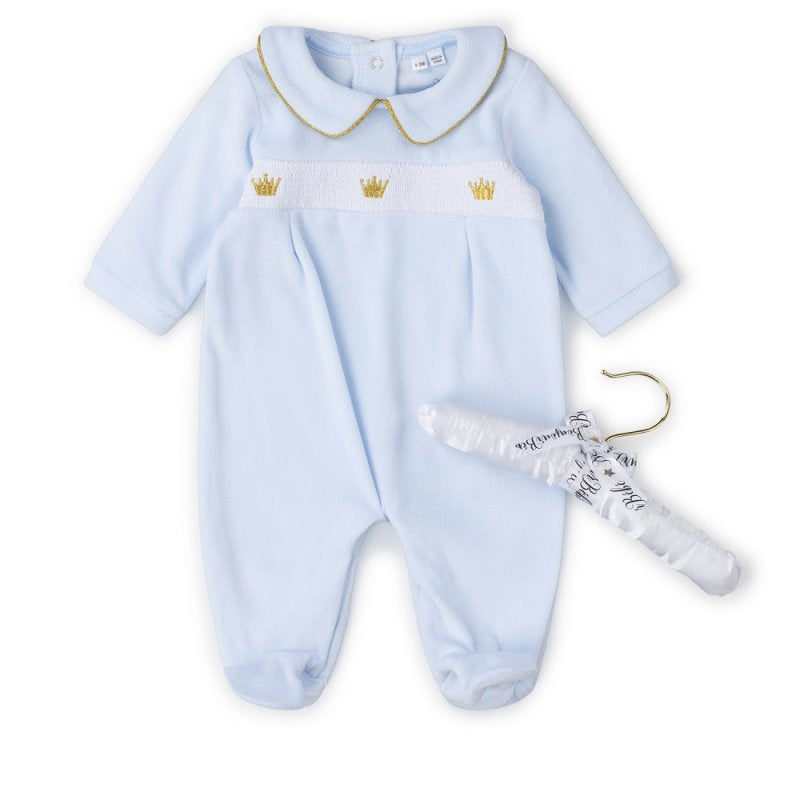 BABY BOYS SMOCKED VELOUR ALL IN ONE ON A SATIN PADDED HANGER (0-9 MONTHS)