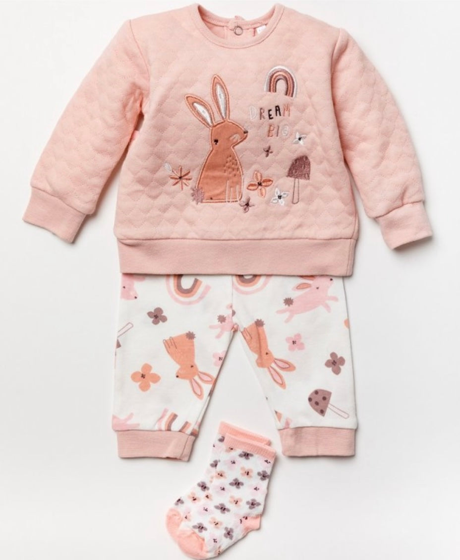 BABY GIRLS RABBIT QUILTED TOP, JOG PANT & SOCKS