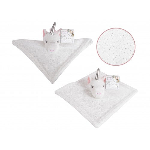White unicorn baby rattle comforter with silver horn and sparkle fabric