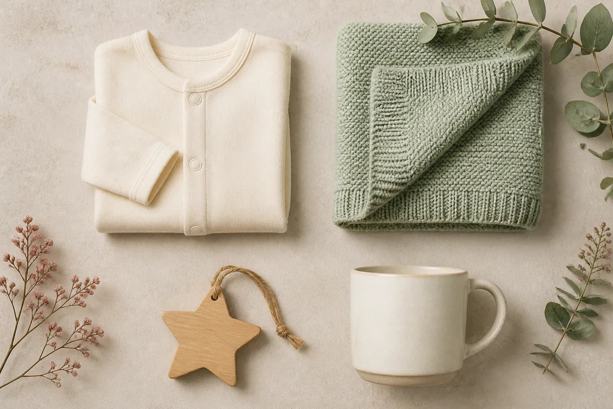 Four-part baby gift checklist showing a sleepsuit, knitted blanket, wooden keepsake and parent mug