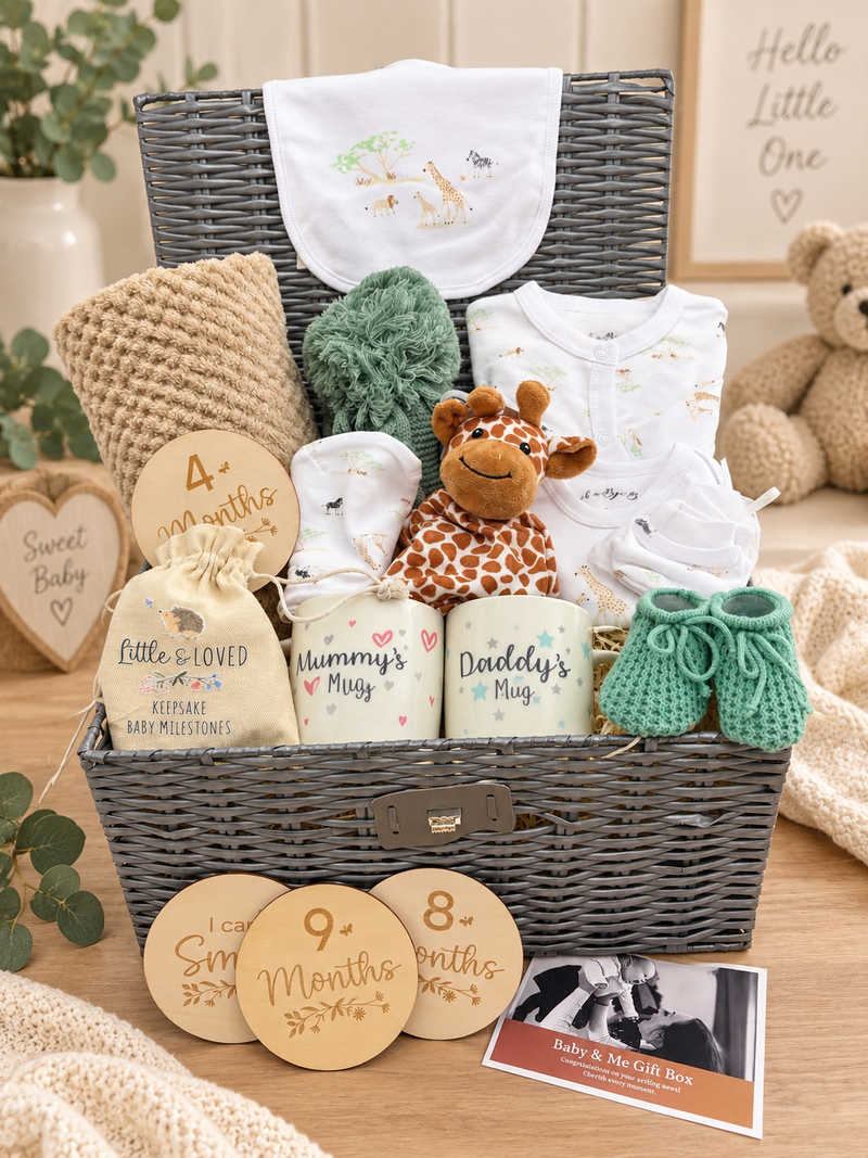 Luxury wicker baby hamper with blanket, clothes, keepsakes and parent mugs
