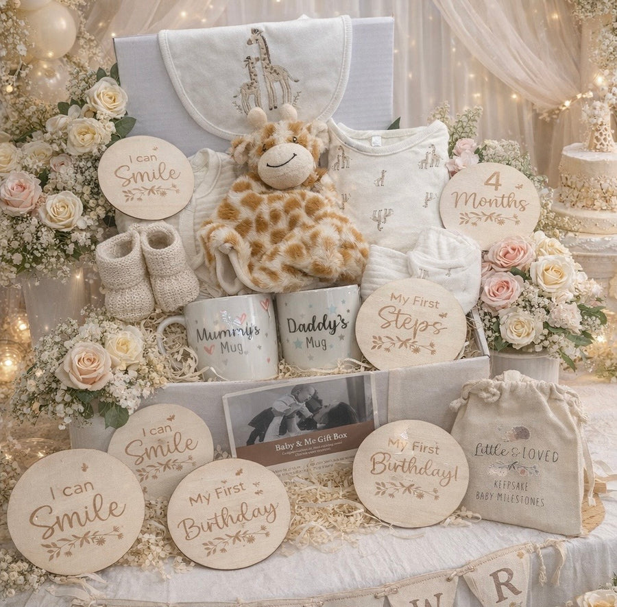 Safari baby gift box with giraffe comforter, giraffe baby clothes, blanket and knitted booties