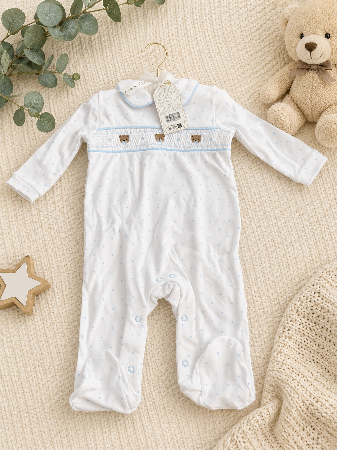 Blue & White Teddy Bear Smocked Baby Romper