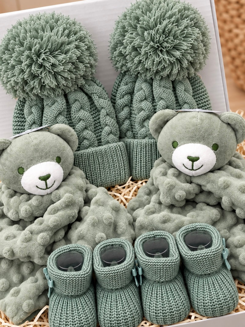 Twin Baby Gift Box – Sage Green Twin Gift Set with 2 Teddy Comforters, Knitted Hats & Baby Booties