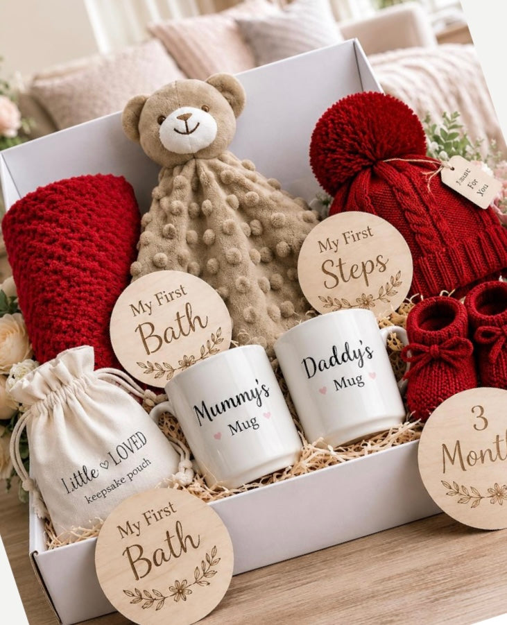 Luxury Baby Keepsake Gift Box – New Baby Gift Set with Teddy, Blanket, Hat, Booties & Mummy & Daddy Mugs