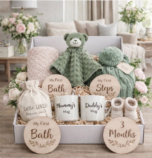Neutral Bear Newborn Gift Box with Keepsakes for Mum & Dad