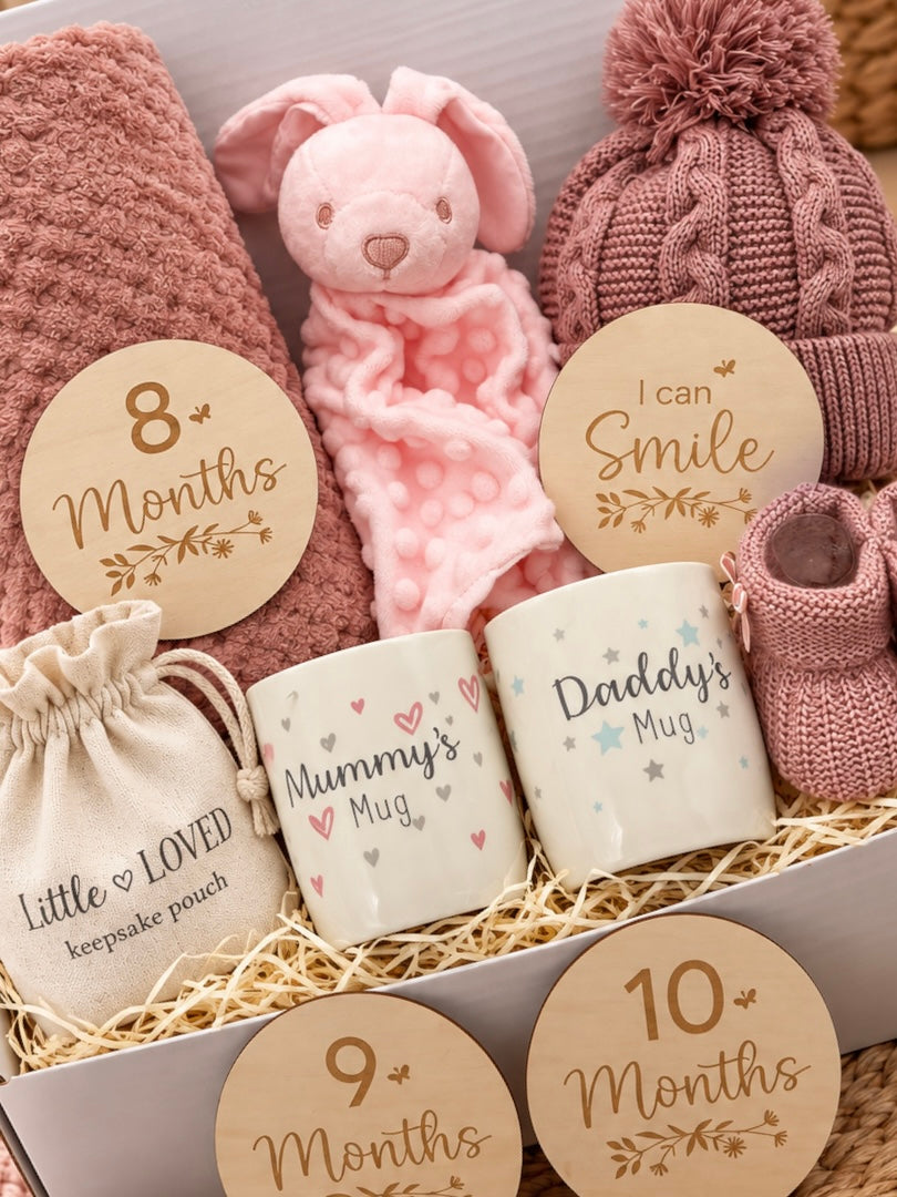 Baby Milestone Gift Box – Pink Baby Gift Set with Blanket, Teddy, Hat, Booties, Mummy & Daddy Mugs