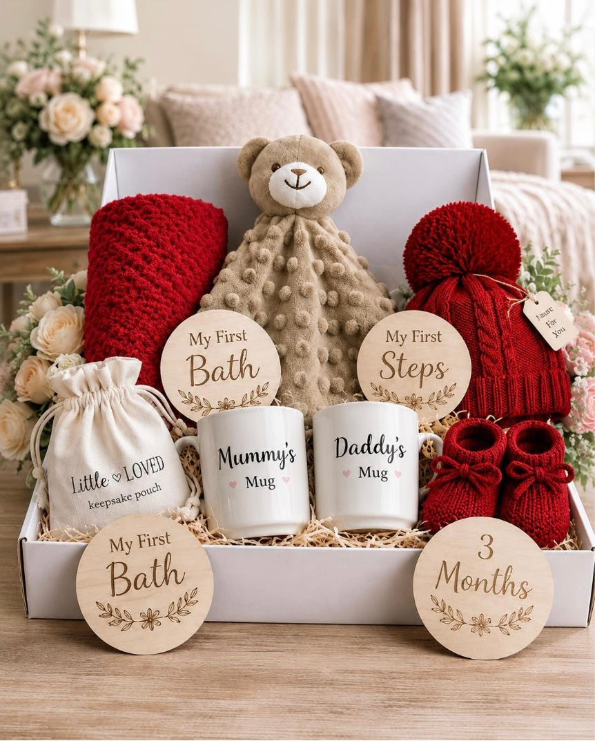 Luxury Baby Keepsake Gift Box – New Baby Gift Set with Teddy, Blanket, Hat, Booties & Mummy & Daddy Mugs