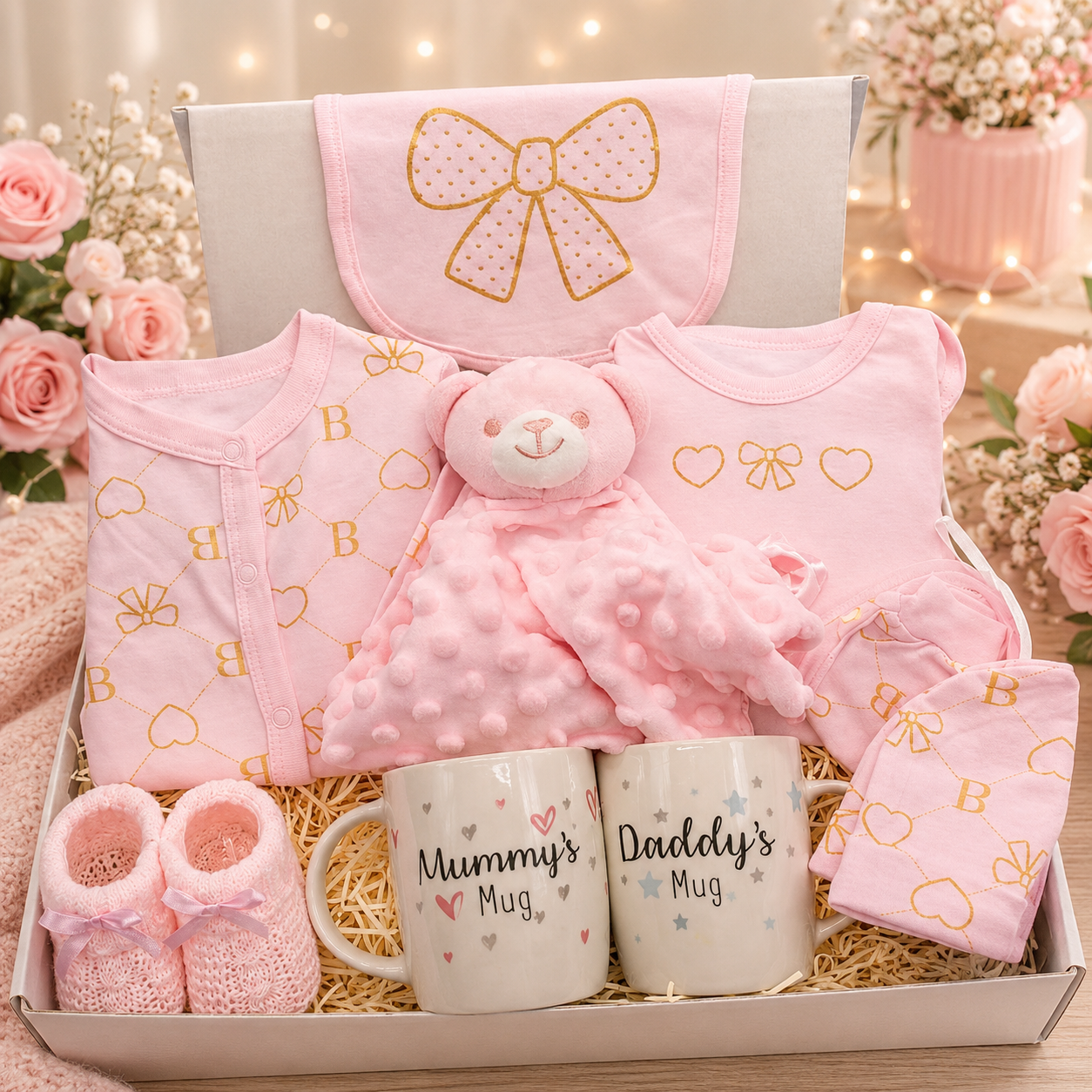 Baby Girl Pink & Gold Gift Box – Mummy & Daddy Gift Set