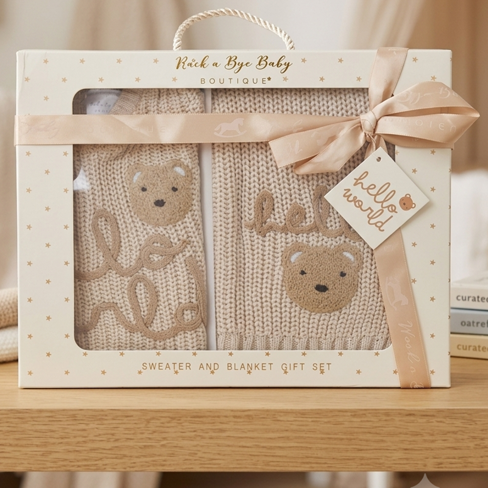 Personalised Baby Knitted Jumper & blanket Set – Hello World Teddy Bear – Newborn Baby Gift