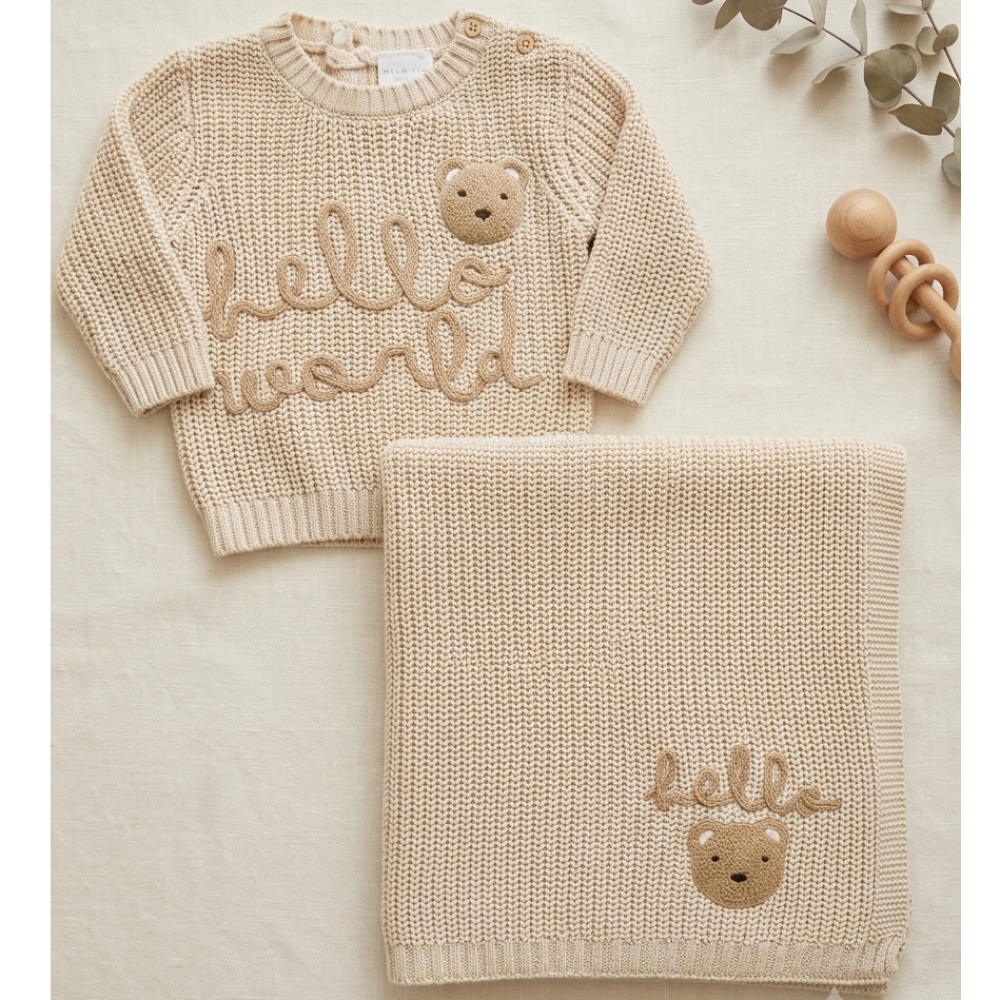 Personalised Baby Knitted Jumper & blanket Set – Hello World Teddy Bear – Newborn Baby Gift