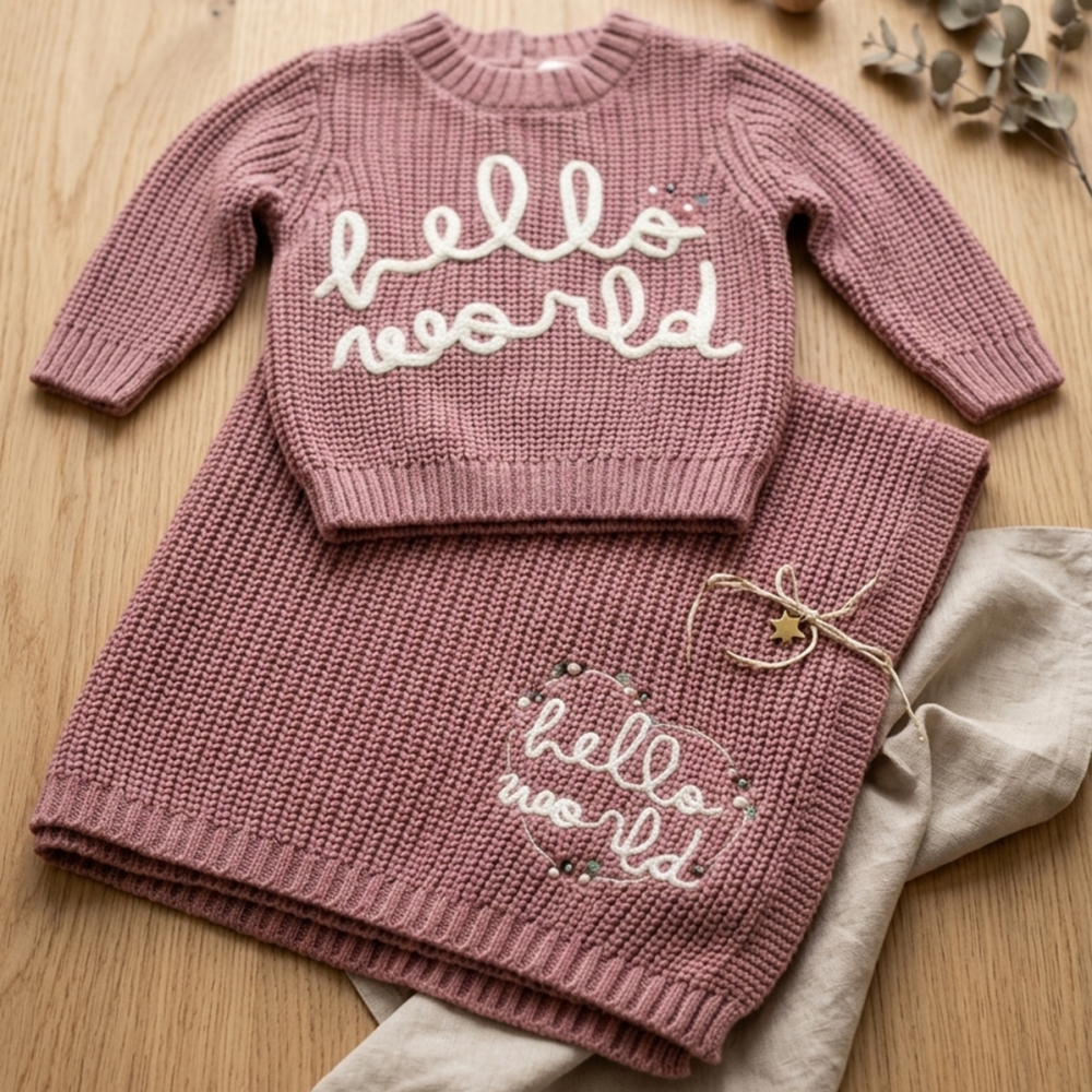 Personalised Baby Knitted Jumper & Blanket Set – Hello World Outfit – Newborn Baby Girl Gift