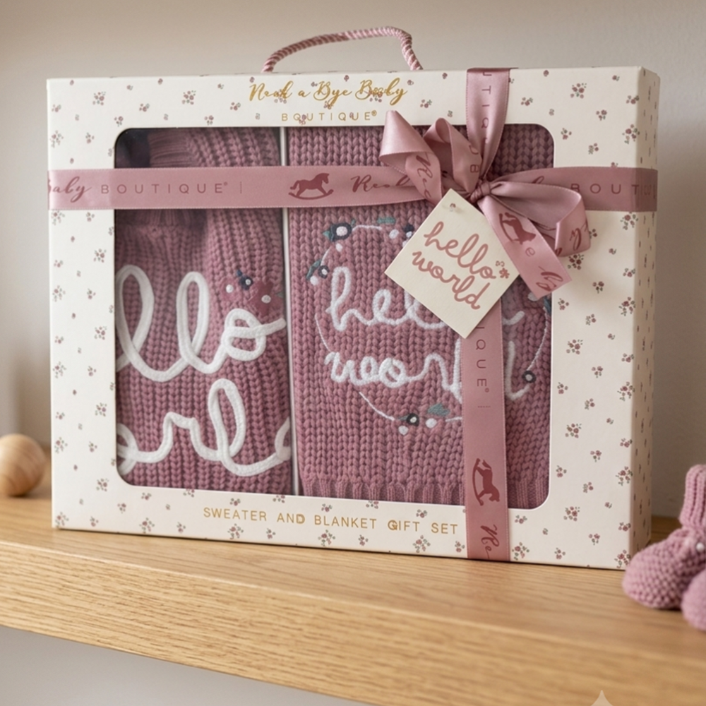 Personalised Baby Knitted Jumper & Blanket Set – Hello World Outfit – Newborn Baby Girl Gift