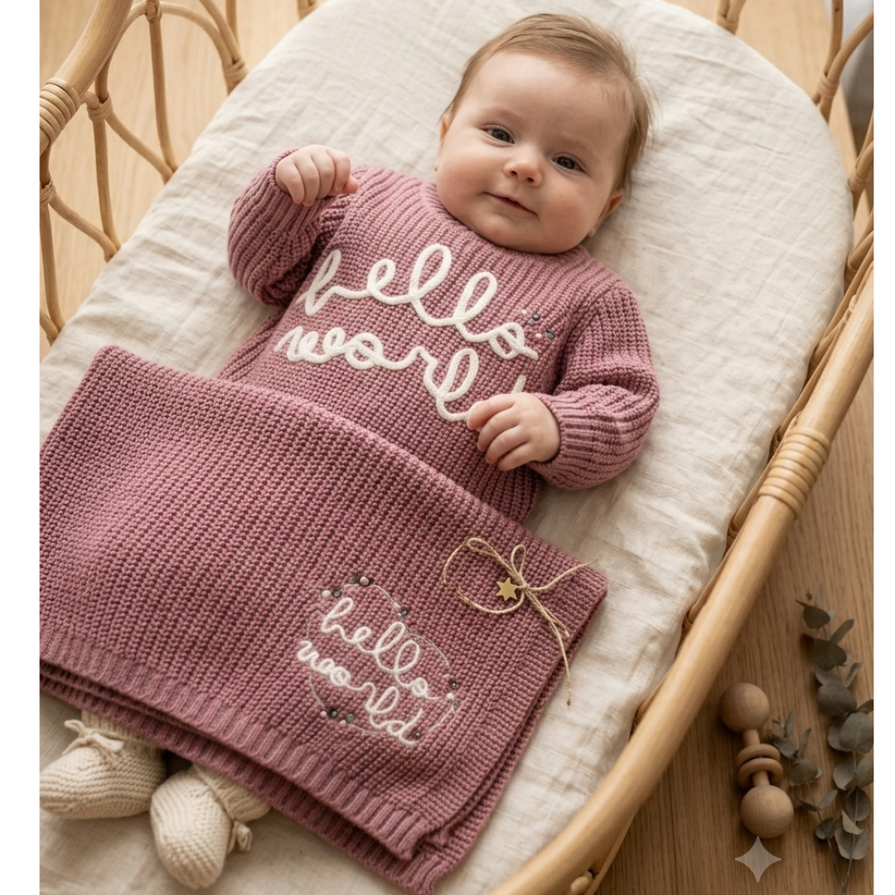 Personalised Baby Knitted Jumper & Blanket Set – Hello World Outfit – Newborn Baby Girl Gift