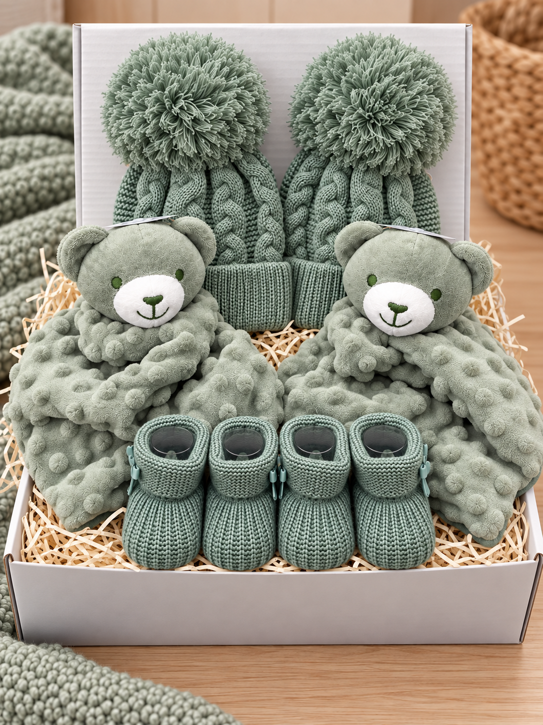 Twin Baby Gift Box – Sage Green Twin Gift Set with 2 Teddy Comforters, Knitted Hats & Baby Booties