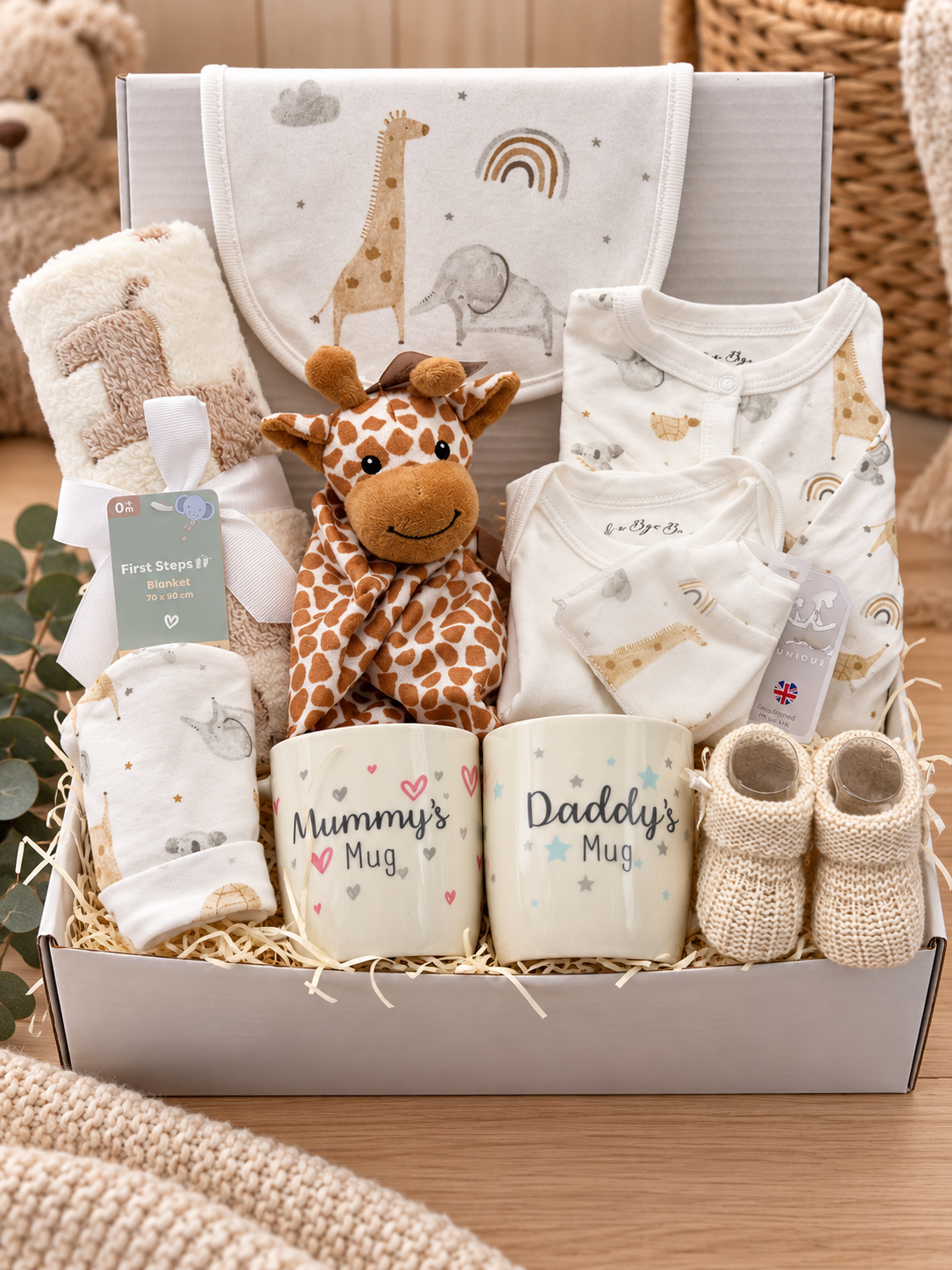 New Baby Gift Box for New Parents, Mummy and Daddy Mugs, Baby Clothes, Giraffe Comforter and Knitted Booties