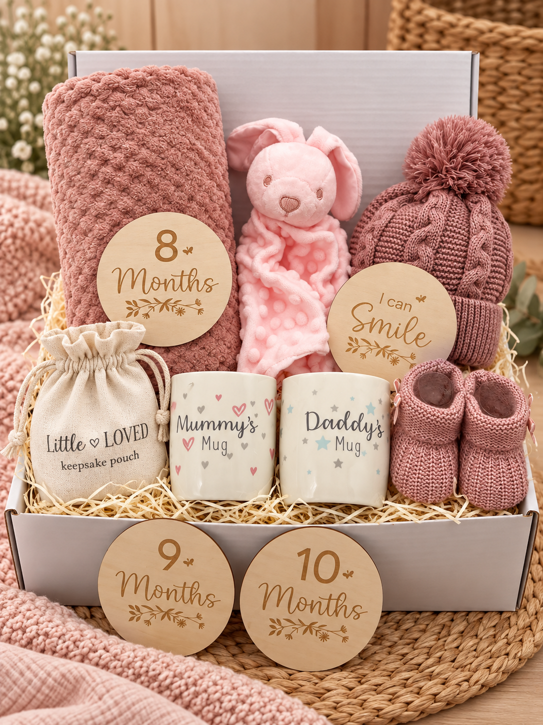 Baby Milestone Gift Box – Pink Baby Gift Set with Blanket, Teddy, Hat, Booties, Mummy & Daddy Mugs