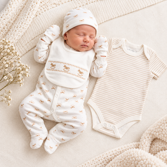 Newborn Baby Sleepsuit & Bib Set – Neutral Rocking Horse Baby Gift Set