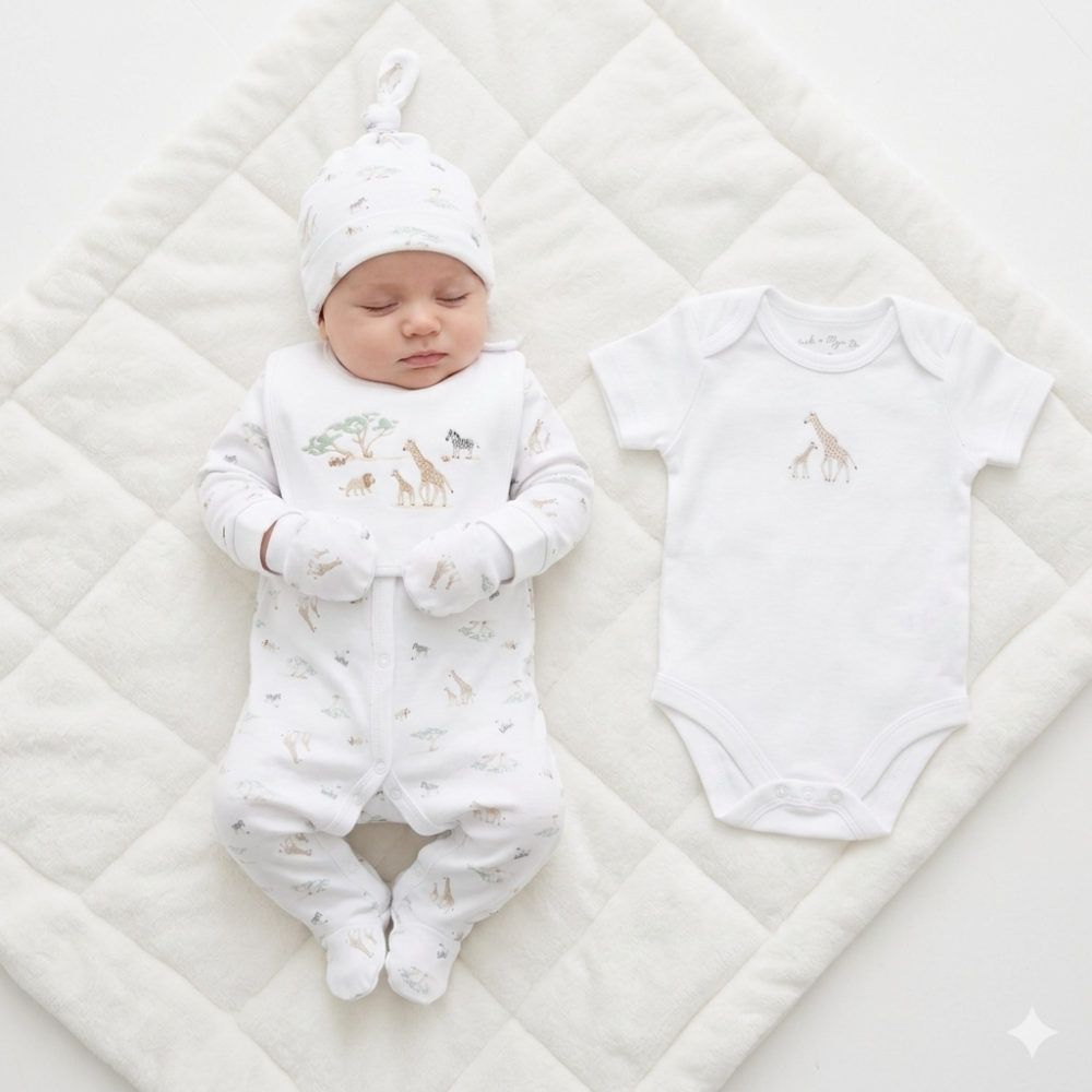 Newborn Safari Baby Gift Set – Giraffe Sleepsuit, Bodysuit, Hat, Mittens & Bib