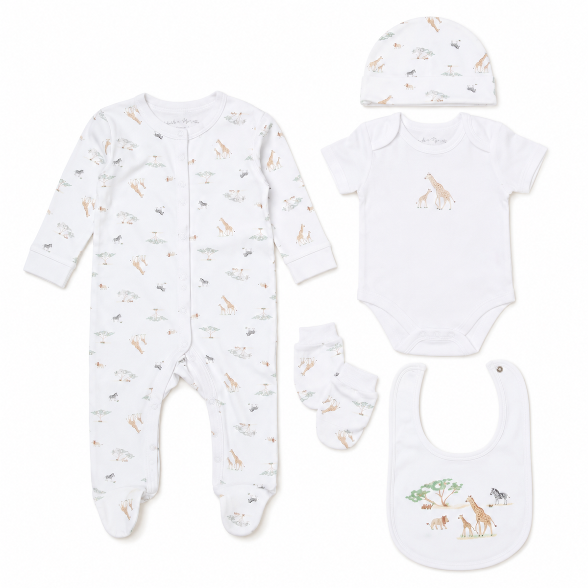 Newborn Safari Baby Gift Set – Giraffe Sleepsuit, Bodysuit, Hat, Mittens & Bib