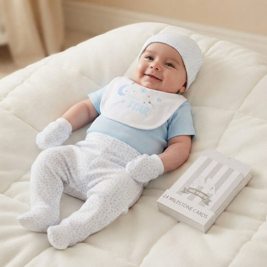 Baby Boy Newborn Gift Set – Blue Star Baby Clothes, Hat, Socks & Milestone Cards