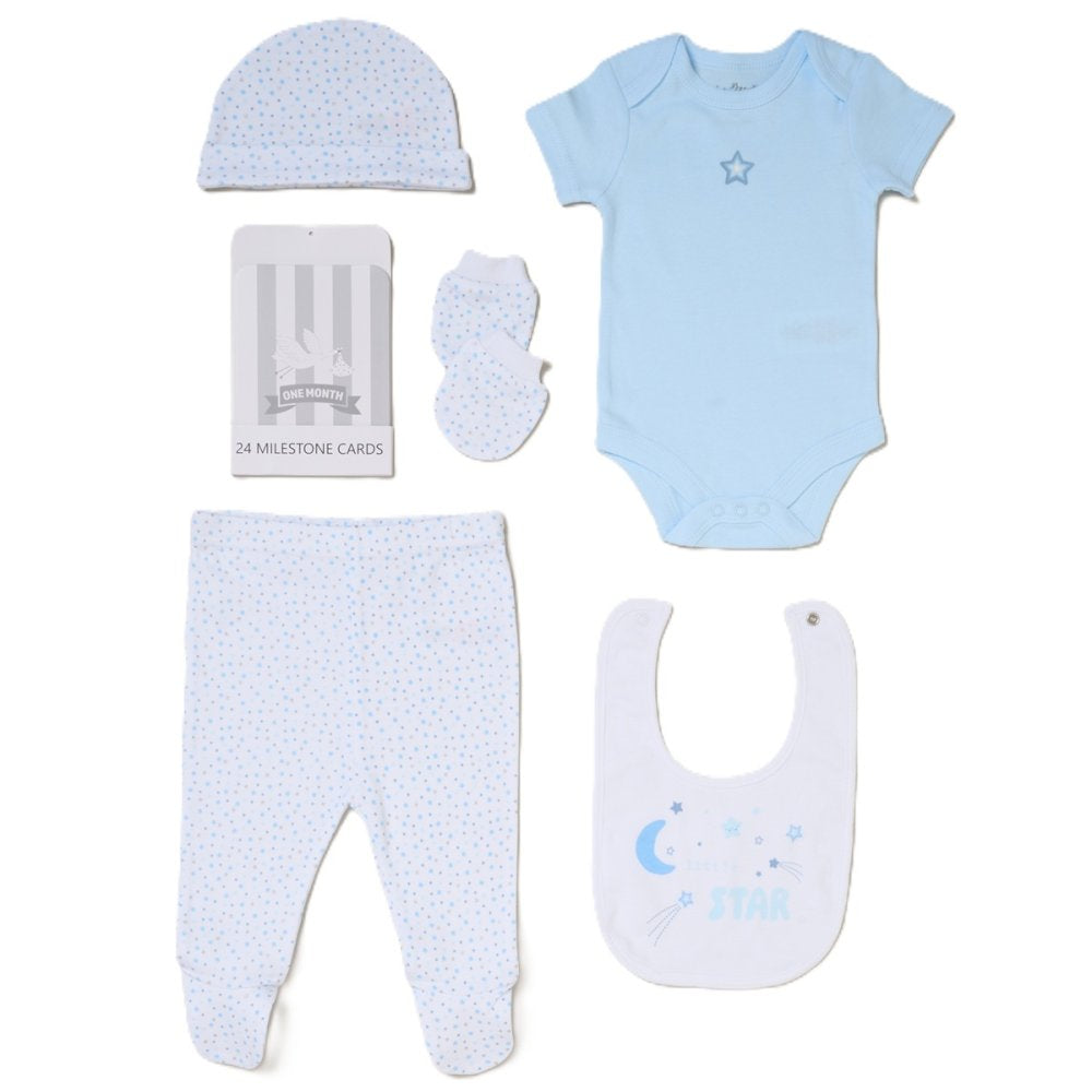 Baby Boy Newborn Gift Set – Blue Star Baby Clothes, Hat, Socks & Milestone Cards