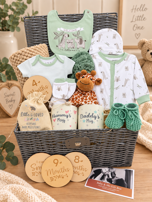 Sage green safari baby shower hamper with giraffe comforter, safari sleepsuit, bib, knitted booties, milestone discs and Mummy and Daddy mugs in a grey wicker basket