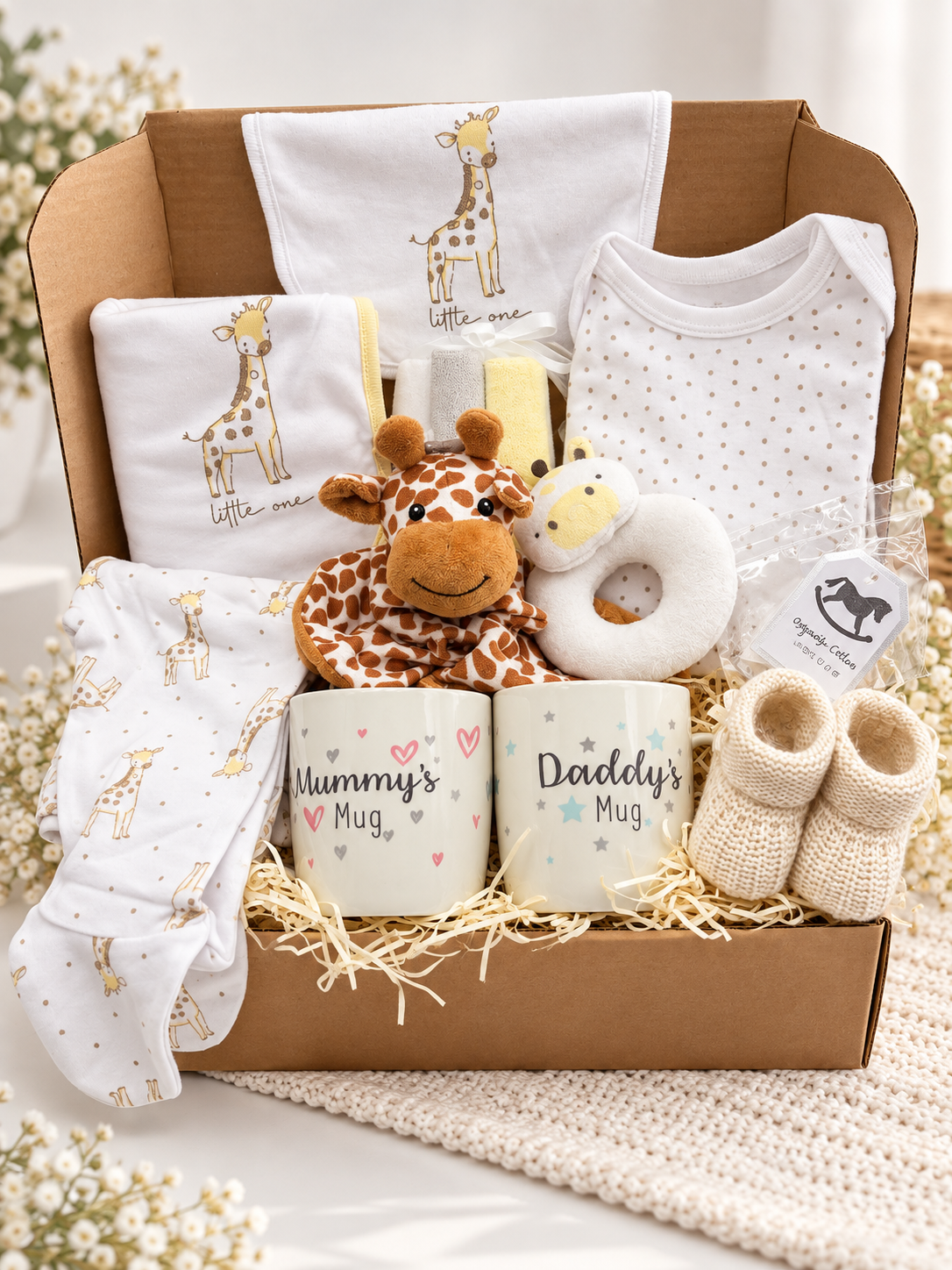 Neutral giraffe new baby gift box with sleepsuits, giraffe comforter, rattle, booties and Mummy and Daddy mugs