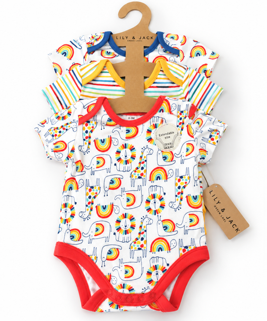 Lily & Jack baby bodysuit set with rainbow and animal prints in bright colours