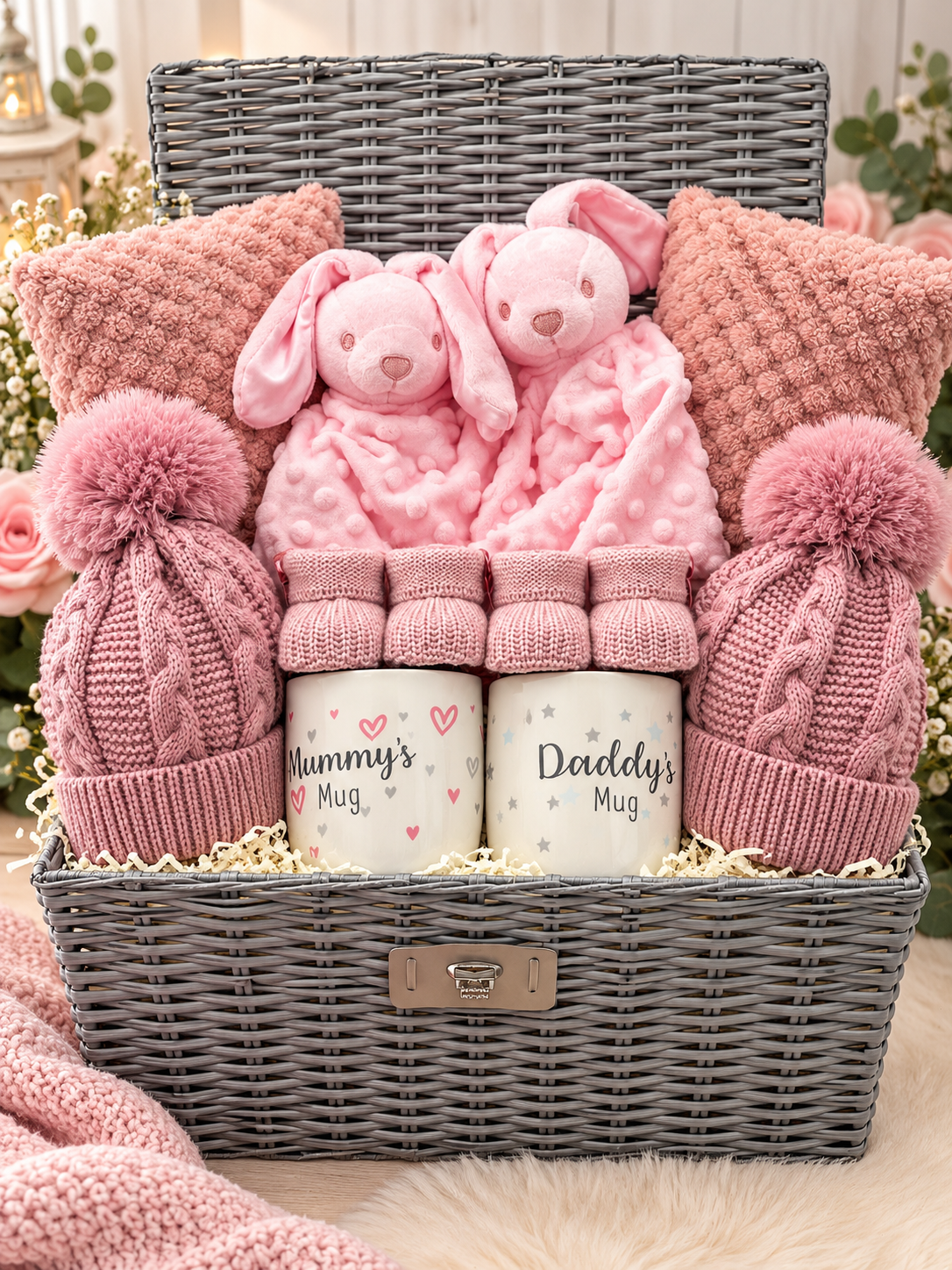 Luxury Twin Baby Gift Hamper – A Special Welcome for Two Little Arrivals - Pink Bunny Rabbit