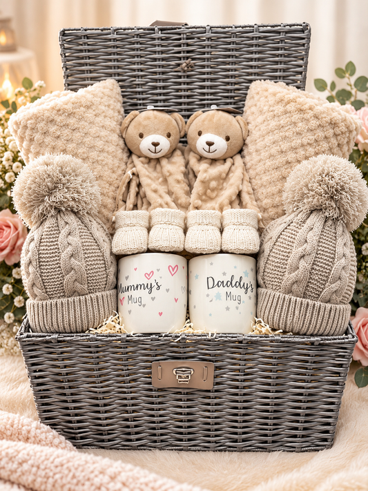 Luxury twin baby gift hamper in Beige Bear theme with two beige teddy comforters, knitted hats, booties and parent mugs