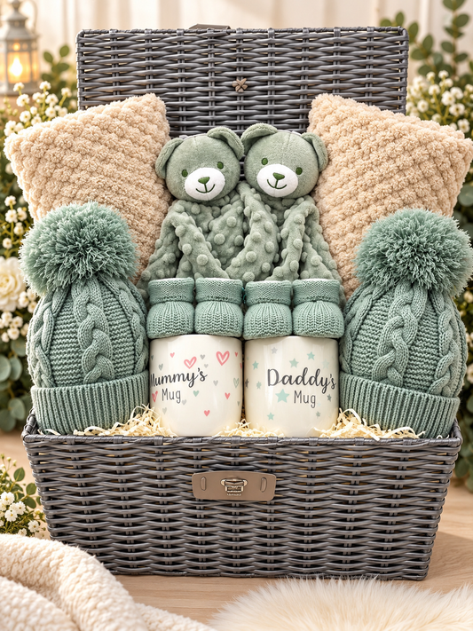 Luxury twin baby gift hamper in Sage Green Bear theme with two sage green teddy comforters, knitted hats, booties and parent mugs