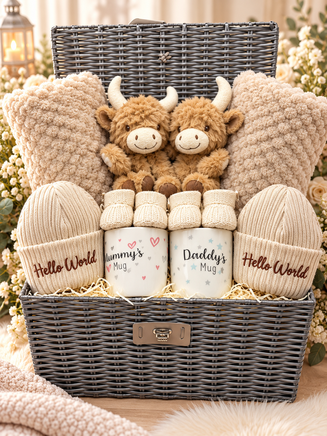 Luxury twin baby gift hamper in Highland Cow theme with two highland cow comforters, knitted hats, booties and parent mugs