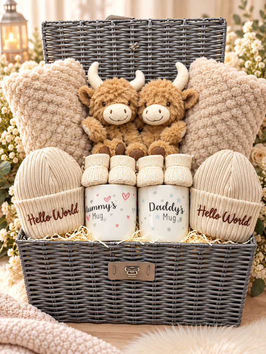 Luxury twin baby gift hamper in Highland Cow theme with two highland cow comforters, knitted hats, booties and parent mugs