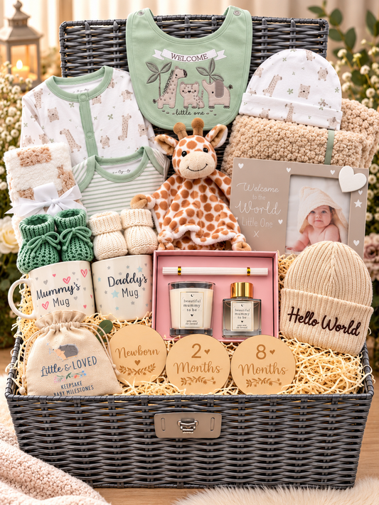 Luxury unisex new baby gift hamper with sage welcome bib, giraffe comforter, Welcome to the World frame, candle set, Hello World hat and mugs