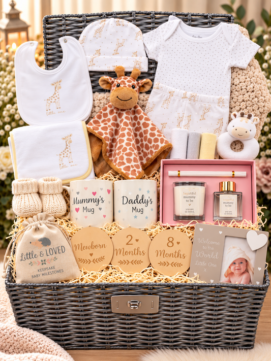 Luxury giraffe baby gift basket in grey wicker with giraffe outfit, comforter, rattle, caramel blanket, Mummy and Daddy mugs, candle set, milestone discs and photo frame