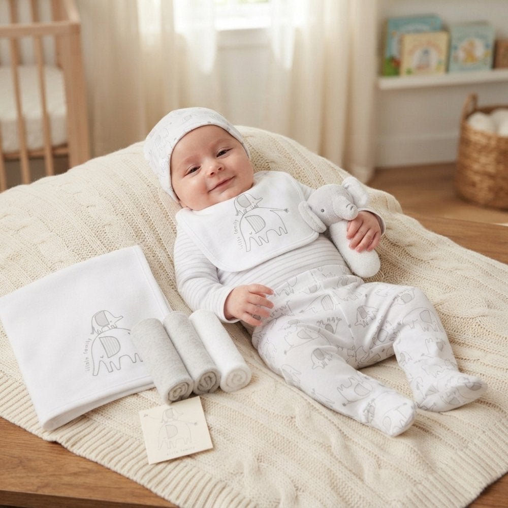 Deluxe Elephant New Baby Gift Box – Unisex Newborn Clothing and Keepsake Gift Set