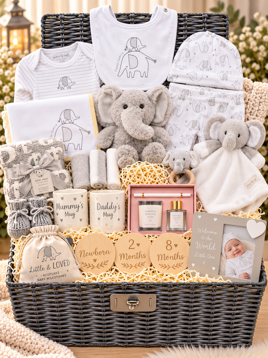 Luxury elephant baby hamper in a grey wicker basket with elephant outfit, plush elephant, comforter, blanket, Mummy and Daddy mugs, candle set, milestone discs and photo frame