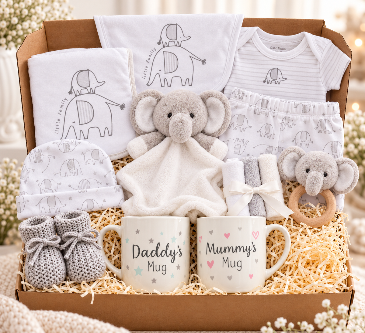 Deluxe Elephant New Baby Gift Box – Unisex Newborn Clothing and Keepsake Gift Set