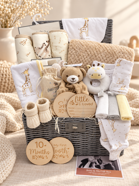 Luxury neutral newborn hamper with hooded towels, waffle blanket, giraffe outfit, teddy comforter, rattle, booties and milestone discs