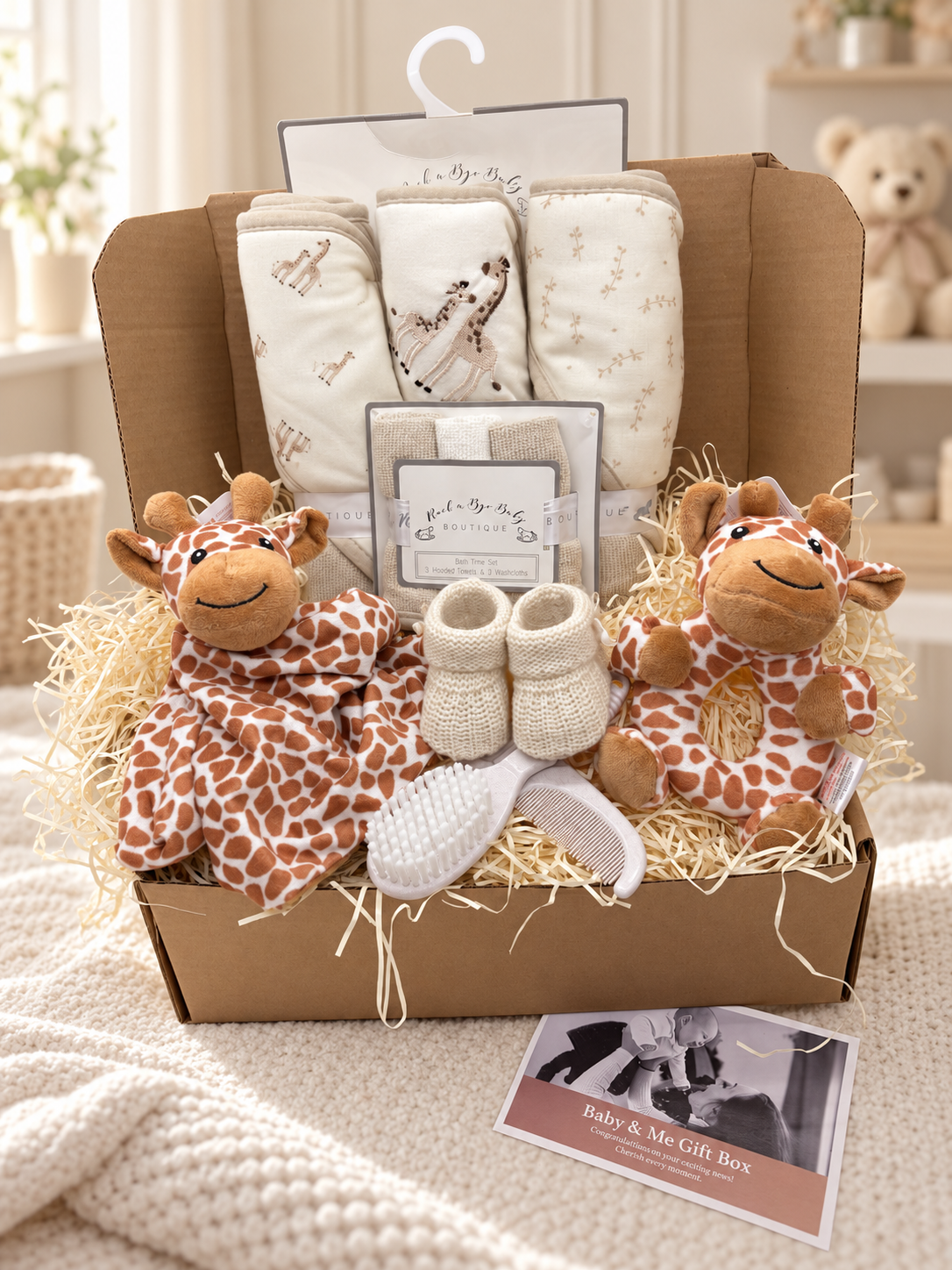 Giraffe baby gift box in kraft packaging with two giraffe comforters, hooded towel set, cream booties and a baby brush