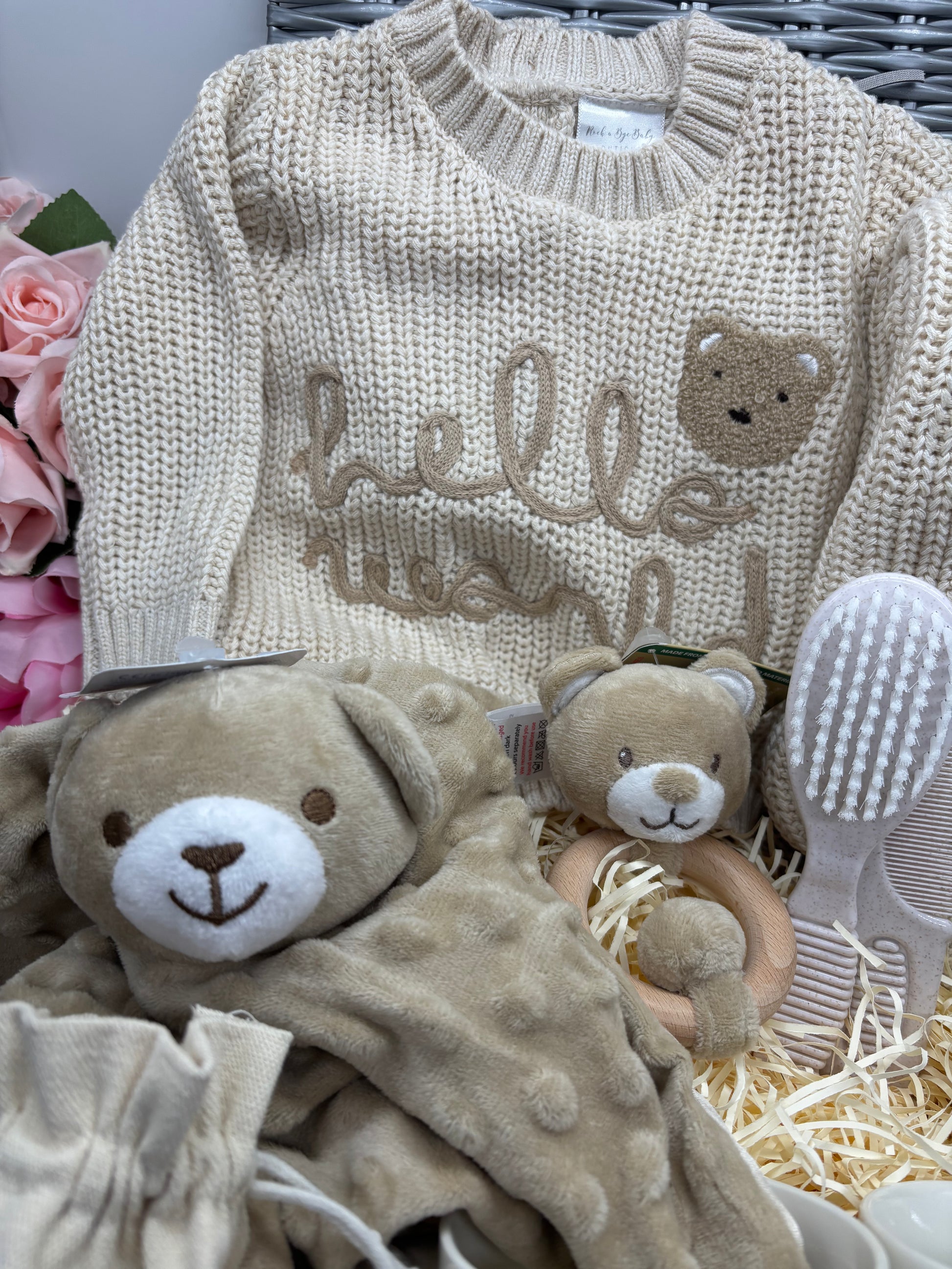 Cream Hello World teddy knitted baby jumper with a teddy comforter and ring rattle