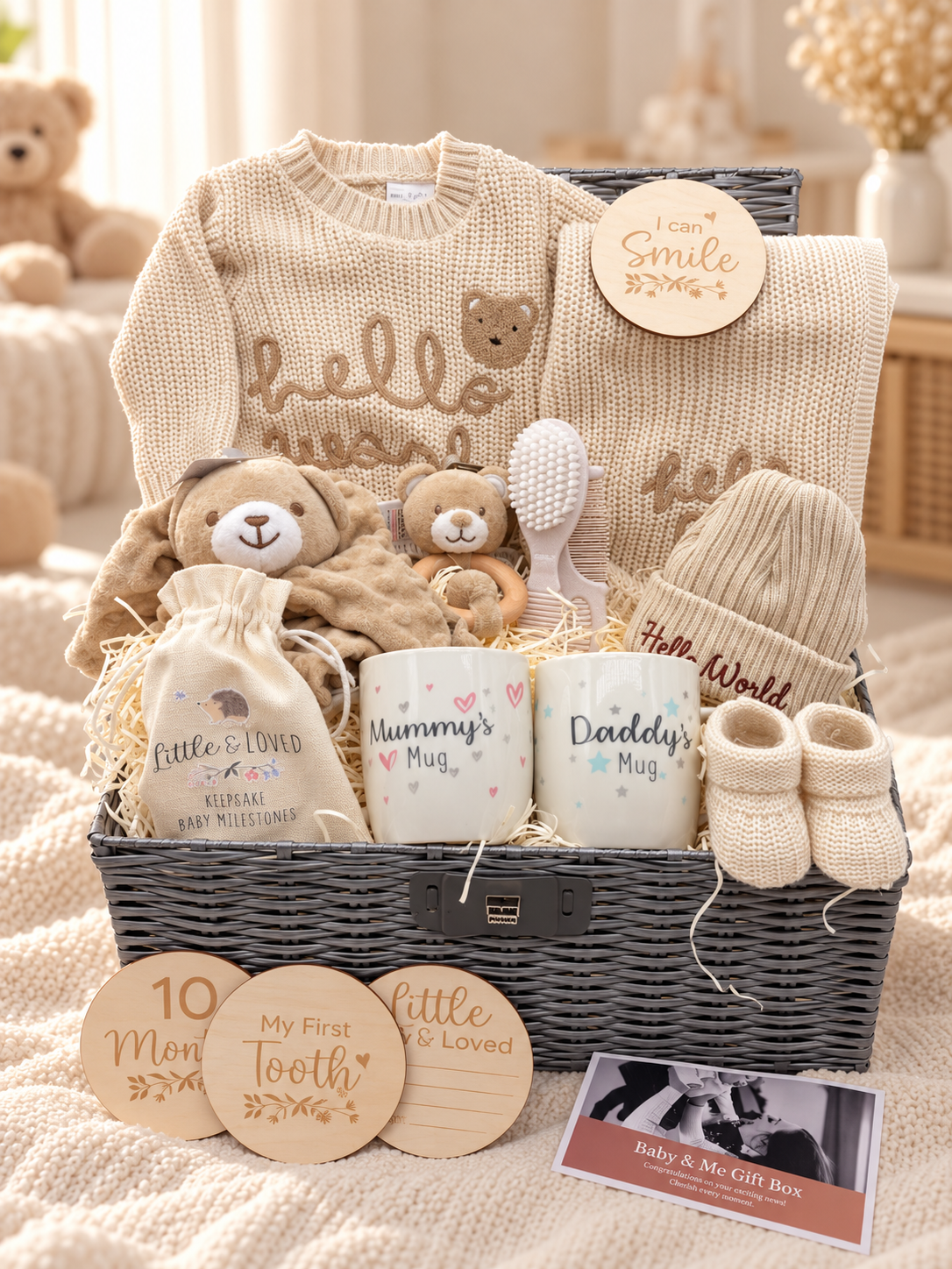 Luxury neutral baby hamper with cream Hello World knitted jumper and blanket, Hello World hat, booties, teddy comforter and parent mugs