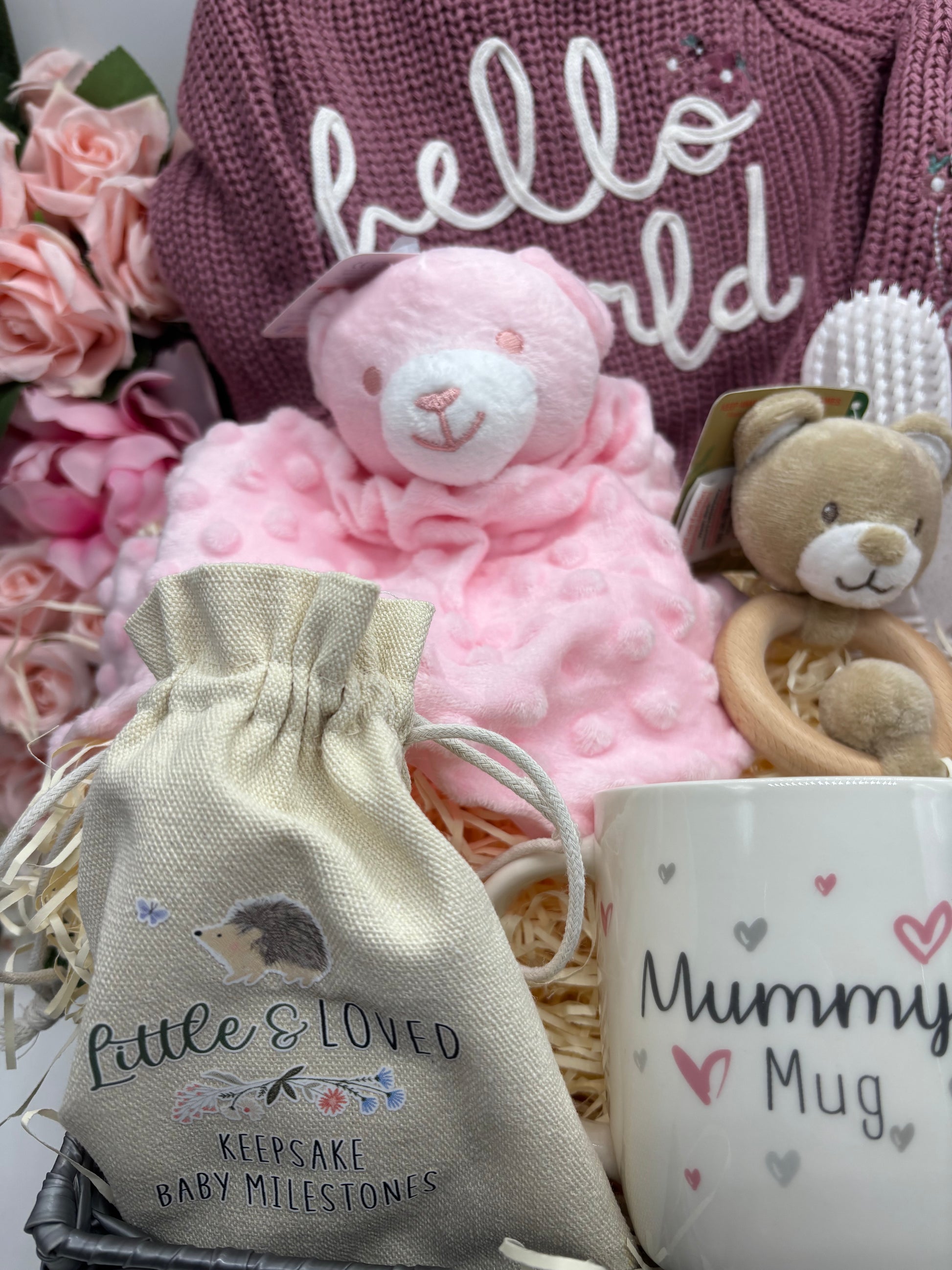 Luxury Baby Girl Newborn Gift Hamper – Mauve Knitwear & Personal Keepsakes